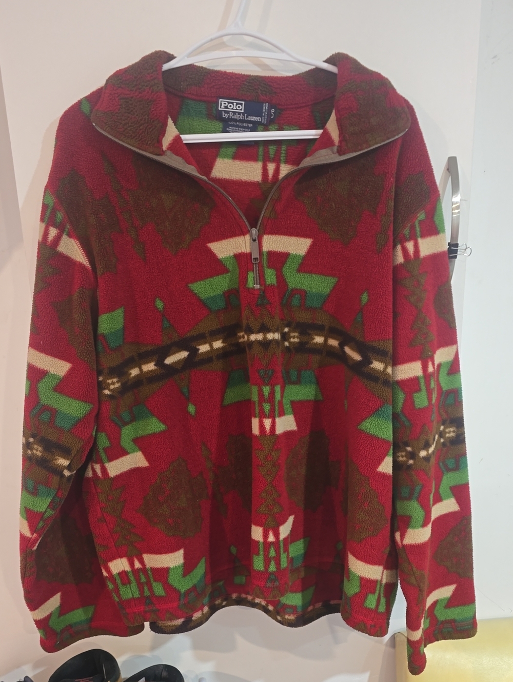 POLO Ralph Lauren Red, Green and Cream Patterned Fleece Pullover